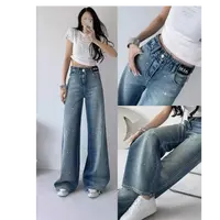"欧货烫钻阔腿牛仔裤女2025新款高腰显高松紧腰镶钻直筒裤子潮 "