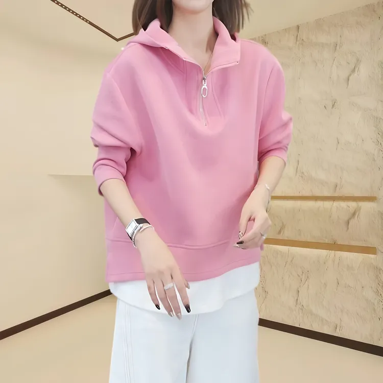 秋季连帽假两件长袖卫衣外套女2025时尚洋气宽松显瘦休闲百搭上衣