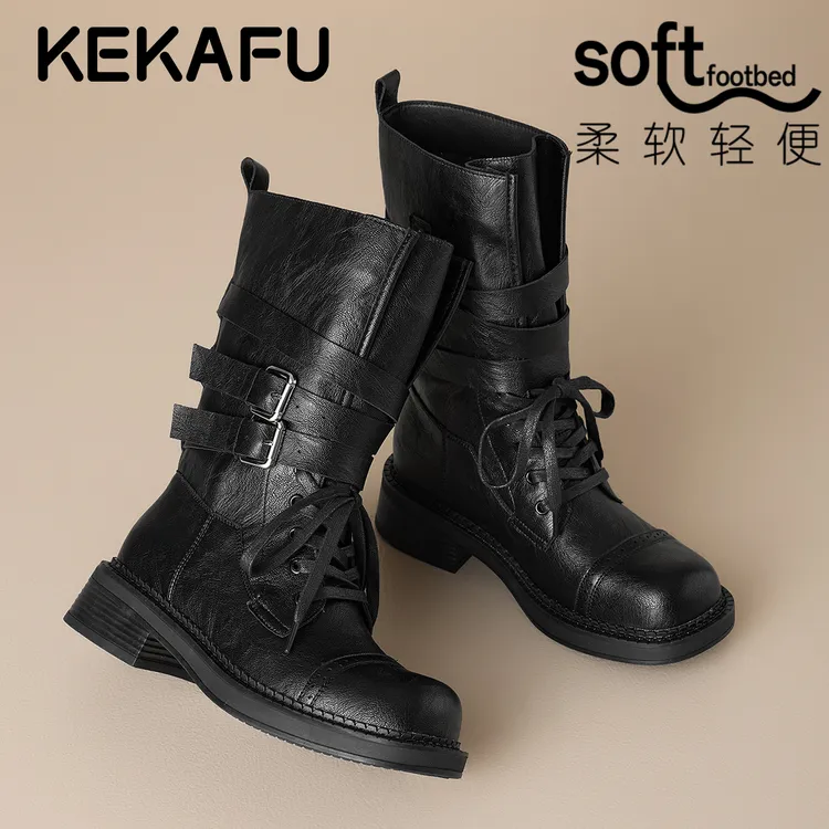 珂卡芙设计师款百搭绑带骑士靴女2025冬季款粗跟西部靴中筒机车靴