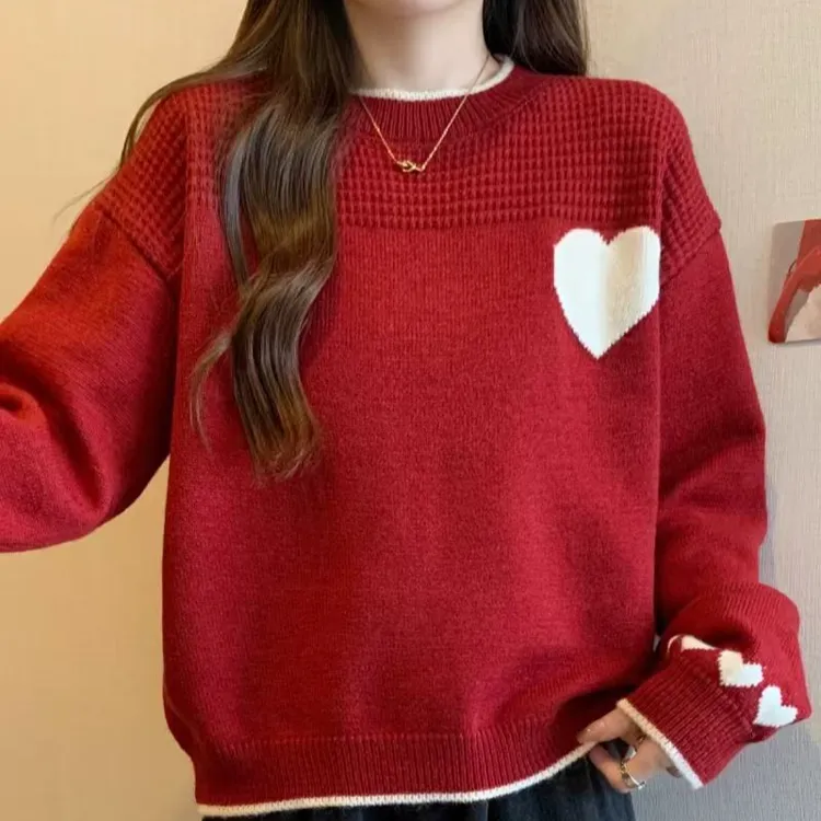 大码女装新款韩版气质圆领宽松百搭爱心套头针织衫毛衣女G301#