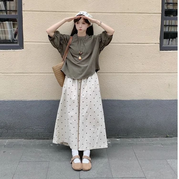 大码女装胖mm复古森系套装女灯笼袖圆领绿色衬衫波点阔腿裤两件套