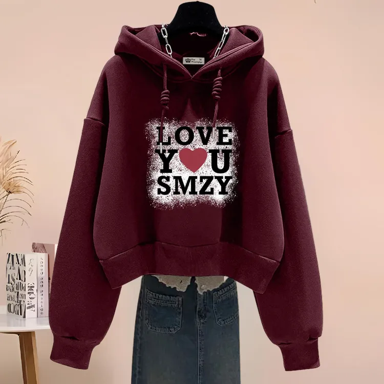 安哥拉红连帽短款卫衣女2025秋冬新款宽松加绒百搭休闲小个子外套