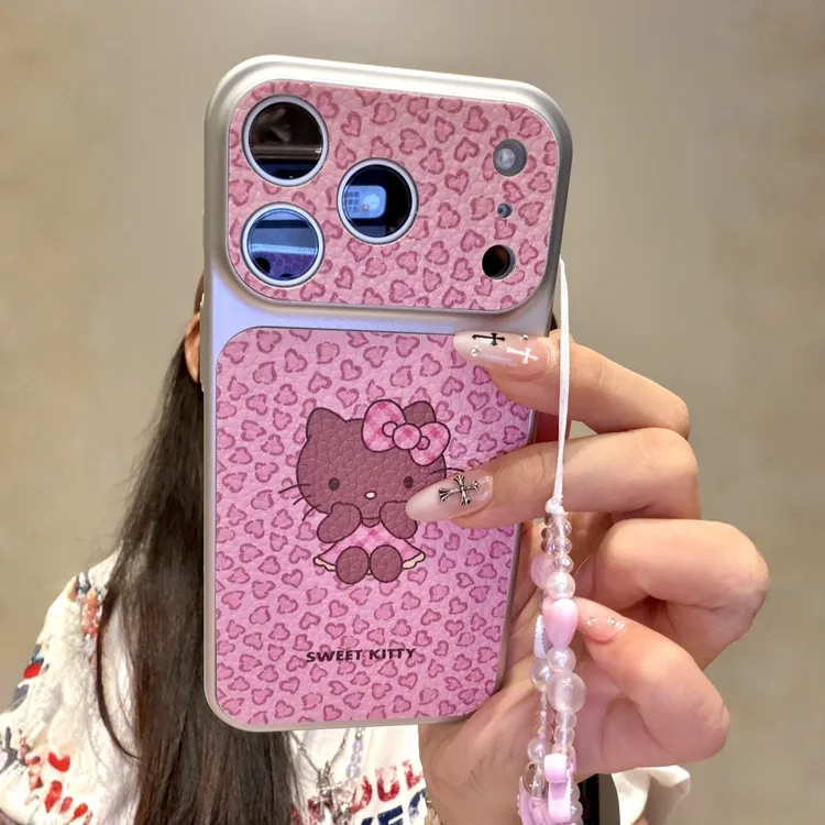 甜酷风粉豹纹捂脸黑皮猫咪适用iPhone17ProMax手机壳16皮纹15女14