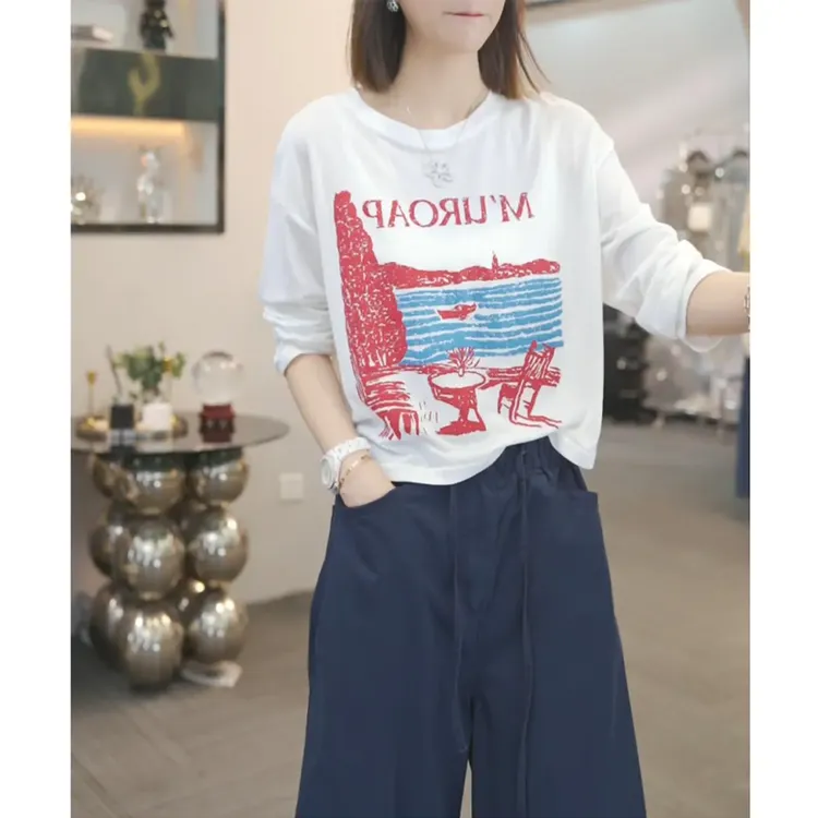 韩货时尚外穿chic长袖T恤女春秋冬新款潮流内搭印花小众上衣打底