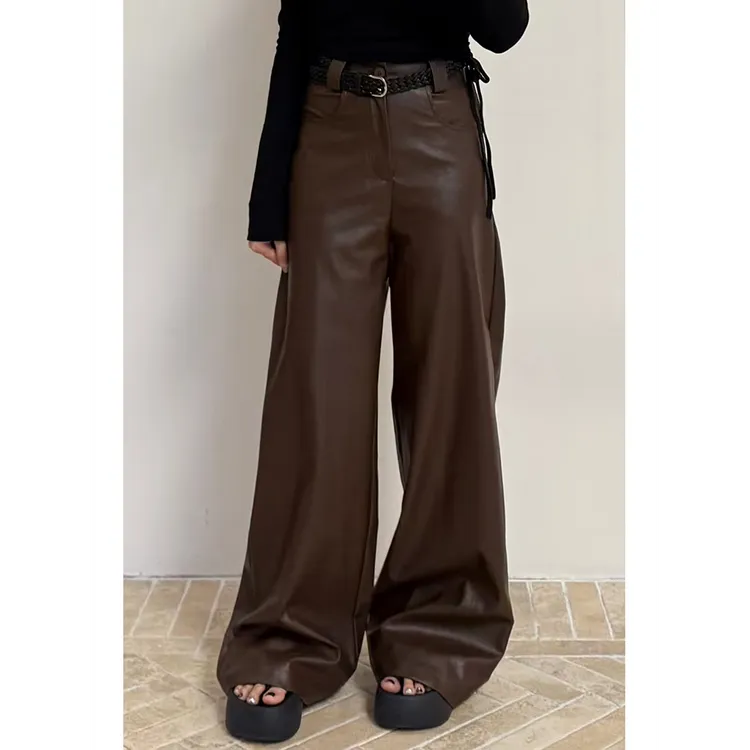 美式辣妹宽松显瘦PU皮裤女复古百搭高腰遮胯直筒垂感休闲阔腿裤