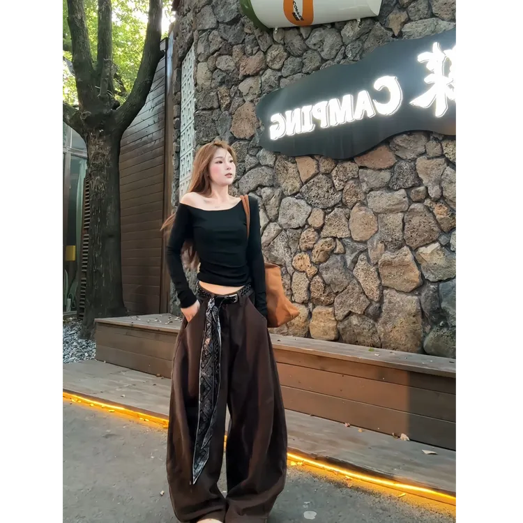 NOMIO纯色百搭显瘦休闲阔腿裤复古美式韩版高腰时尚宽松设计感