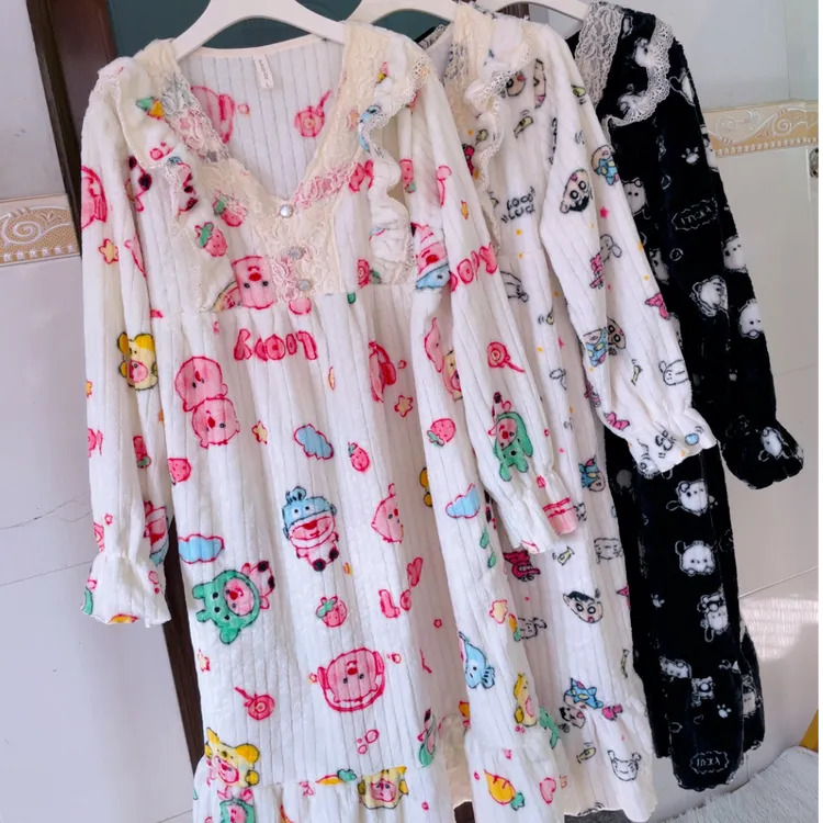 秋冬大码睡裙法兰绒加厚保暖宽松甜美公主风珊瑚绒长袖睡衣中长款