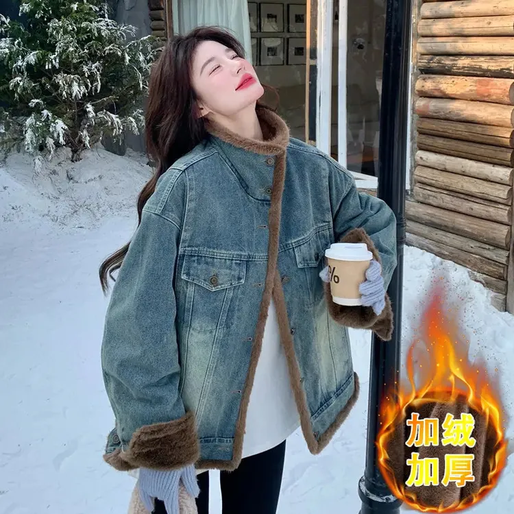 加绒牛仔棉服外套女秋冬季2025新款派克服美式超好看加厚夹克棉衣