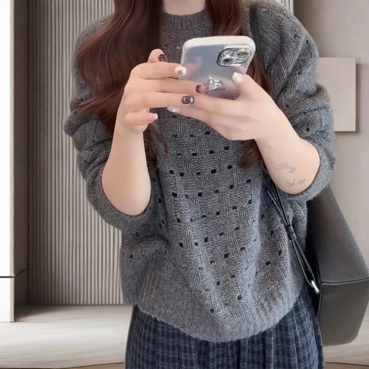 秋季氛围感宽松超好看针织衫套头圆领镂空毛针织衫C6227