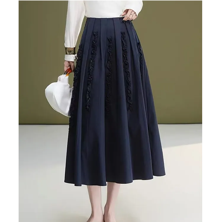 2025秋季小众设计感木耳边口袋显瘦大摆半身裙法式复古轻熟风裙子