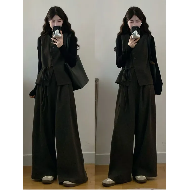 大码女装胖mm新款时尚显瘦毛呢马甲+T恤+阔腿裤三件套