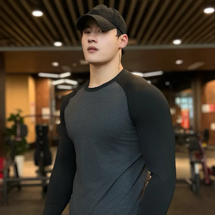 AeroBloom健身弹力圆领长袖插肩袖运动T恤男士透气跑步速干健身服