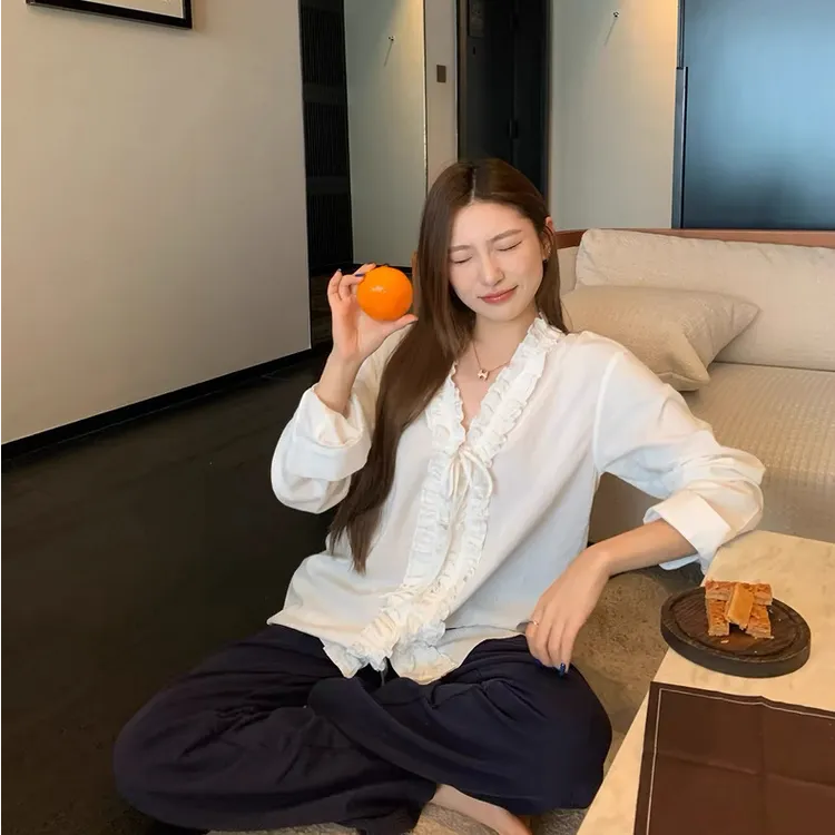 高端货~法式绑带长袖衬衫女春夏秋韩系木耳花边褶皱V领衬衣上衣