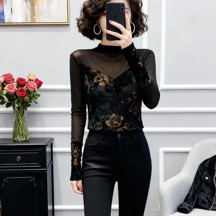 欧货潮牌女款气质服装高档网纱打底衫爆款2025秋冬新款长袖上衣