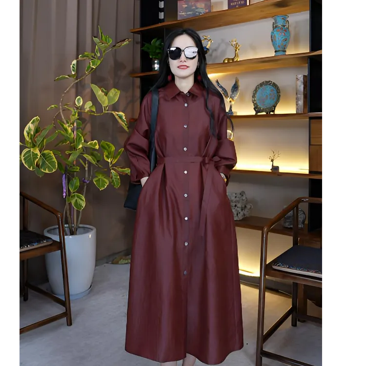 100桑蚕丝褶皱风方领常规长袖风衣百搭宽松欧若风Y50814