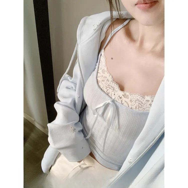纯欲BM韩系温柔风吊带甜妹蝴蝶结蕾丝背心带胸垫内搭打底无袖女