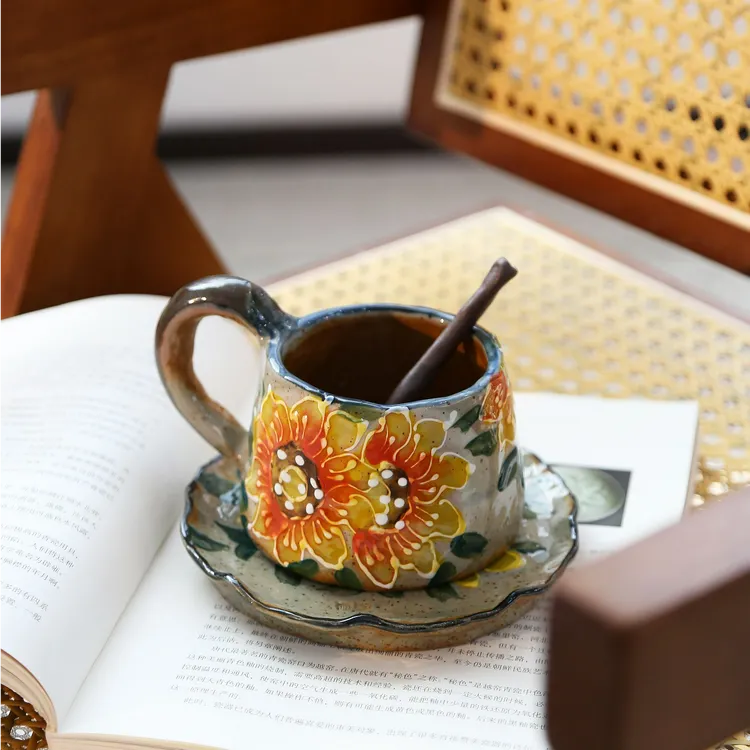 陶泥手捏手绘黄向日葵咖啡杯套装景德镇陶瓷牛奶杯茶杯早餐水果碟