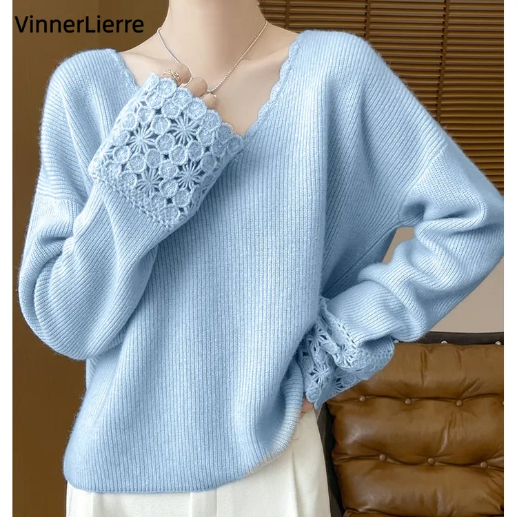 薇妮诺气质毛衣秋冬V领袖口钩花针织衫温柔洋气上档次宽松上衣