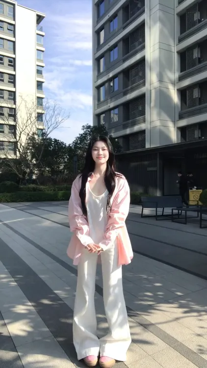 韩系穿搭粉色长袖衬衫春夏季高级感甜美外套白色高腰休闲裤套装