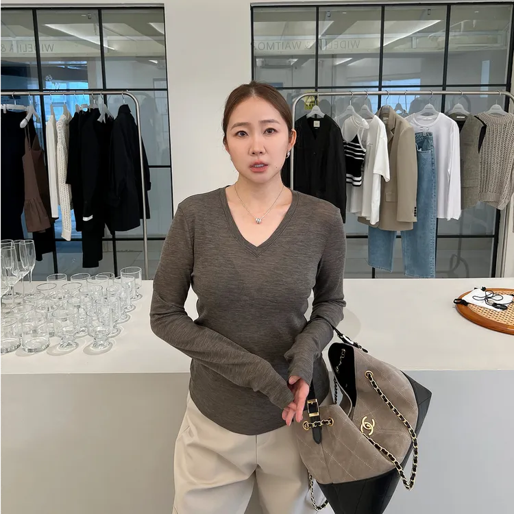 widelia陈姬儿秋季高品质羊毛打底衫女V领显瘦长袖内搭上衣6121
