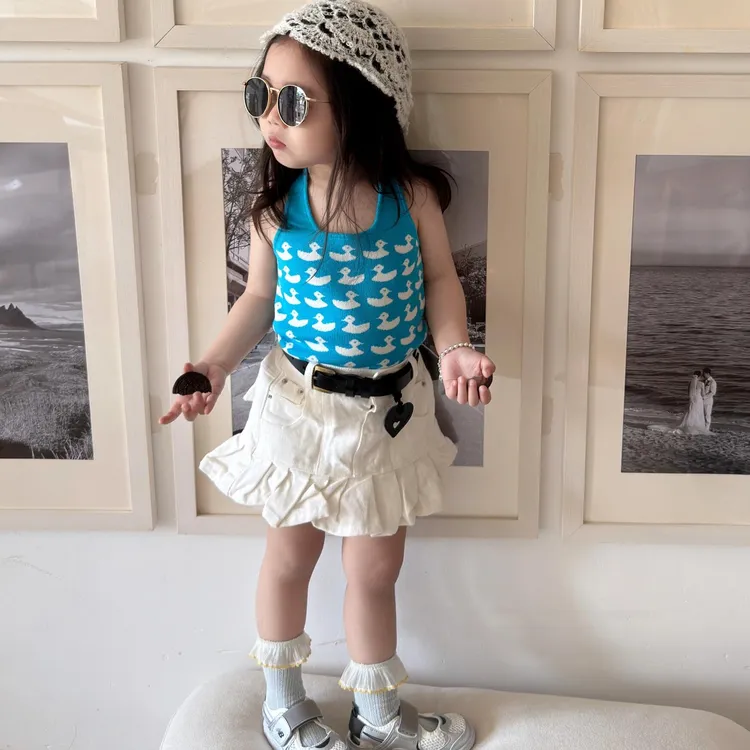 《小思家》女童2025夏季五一出游韩版甜酷百搭吊带荷叶边半裙套装