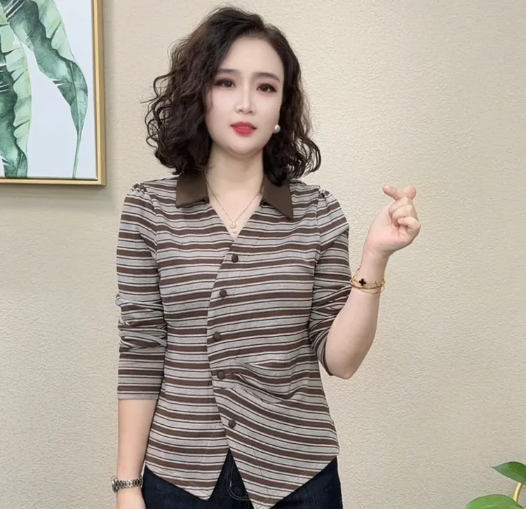 2025秋季新款气质条纹洋气休闲百搭显瘦长袖打底女装上衣#458741