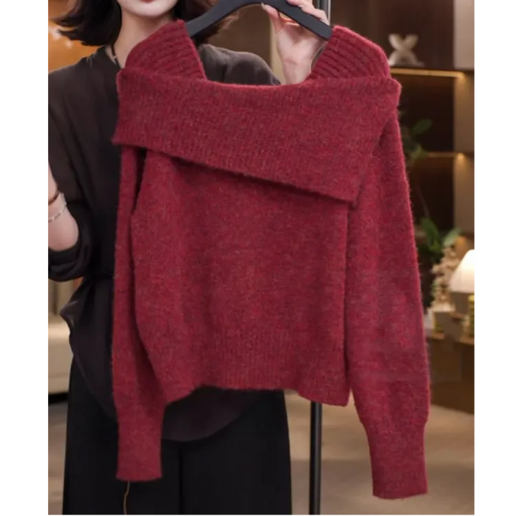 6125轻熟风优雅高级感红色一字肩毛衣秋冬新款韩系慵懒风针织衫女