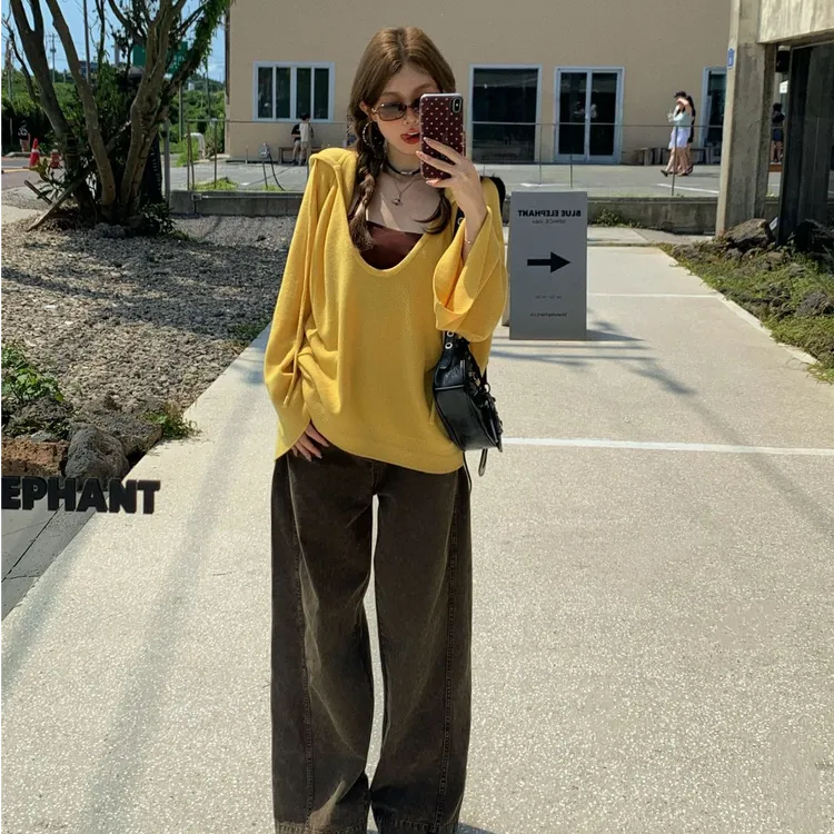 韩系慵懒风宽松连帽针织衫女秋季2025新款设计感小众长袖毛衣上衣