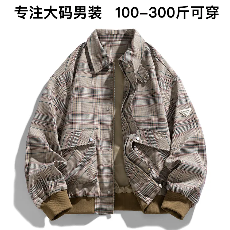 大码男装秋季新款美式复古休闲时尚百搭翻领千鸟格纹长袖夹克外套