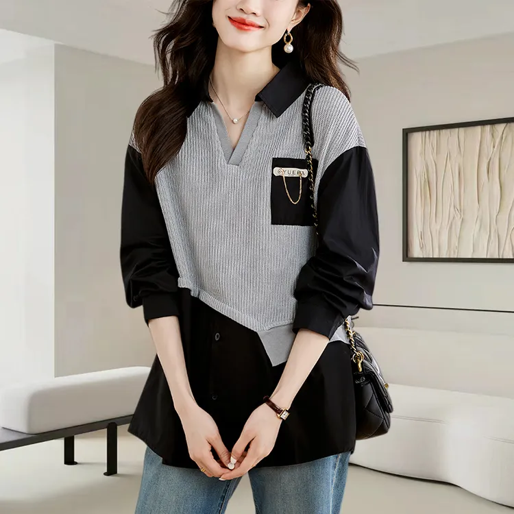 2025秋季新款女大码假两件针织拼接长袖衬衫宽松显瘦中长款上衣