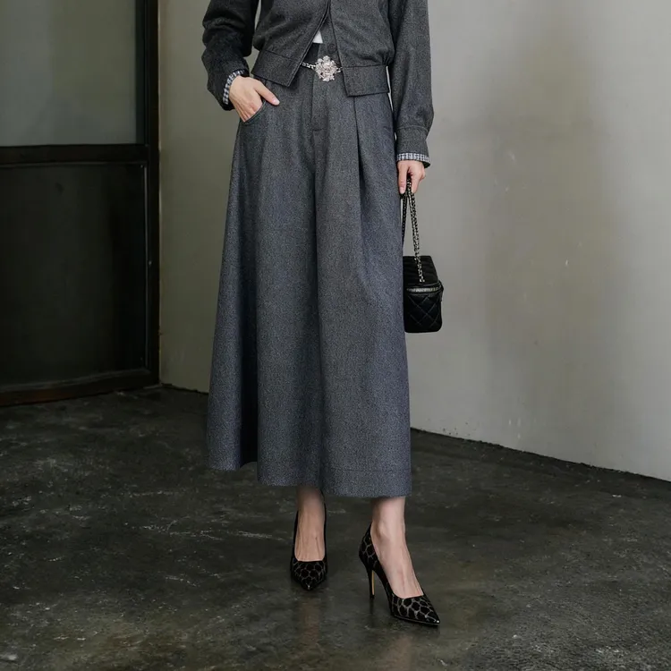 LYNEE【哈灵顿】纯羊毛A型裤裙女高腰阔腿休闲裤八分裤LGD2FAW129
