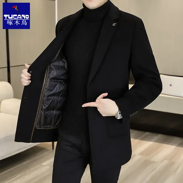 啄木鸟冬季高端男士羊毛双面呢大衣中长款西装领毛呢羽绒风衣外套