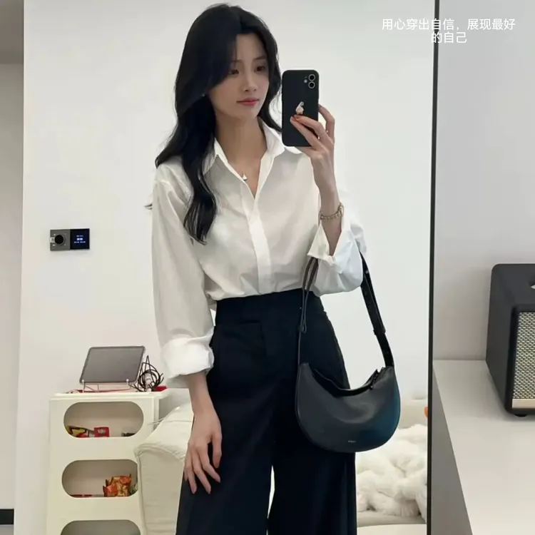 纯棉白色衬衫长袖2025休闲上衣宽松新款气质衬衣职业打底百搭通勤