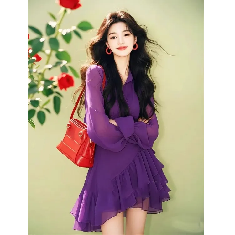秋季新款时尚法式衬衫领收腰短裙女不规则下摆长袖紫色雪纺连衣裙