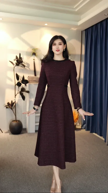 中长款小香风连衣裙圆领显瘦女装气质时尚优雅修身秋冬9019