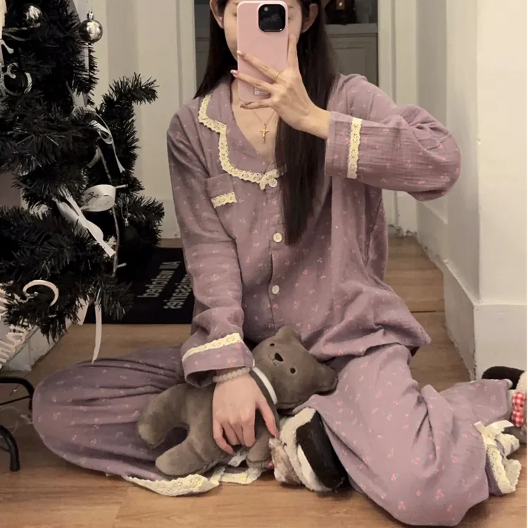 碎花秋季甜美长袖长裤家居服纯棉韩版女士全棉纱布睡衣可外穿套装