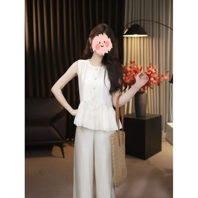 法式高级感气质无袖背心女2025夏季新款宽松显瘦马甲+直筒裤套装