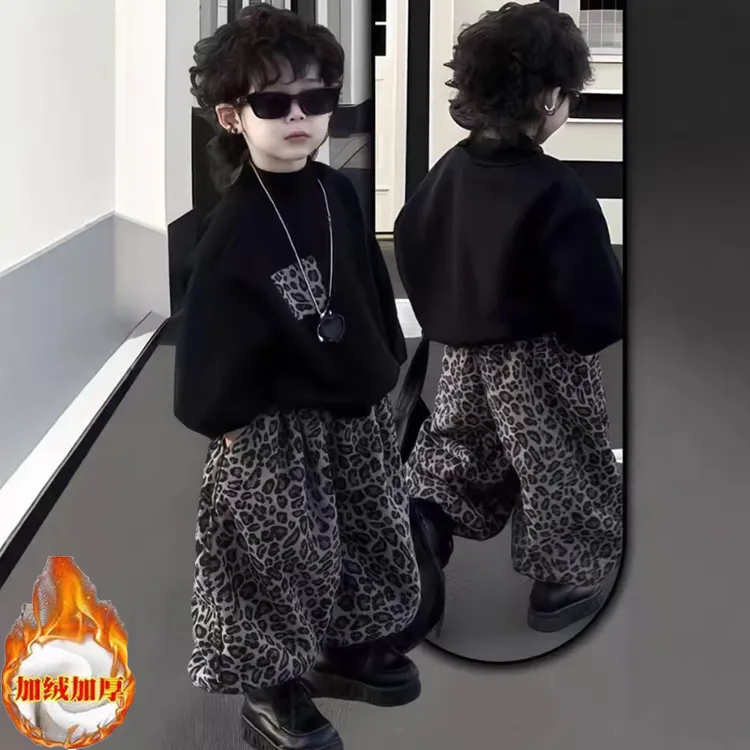 男女宝加绒款亲子套装豹纹卫衣灯笼裤两件套韩版潮酷痞帅童装