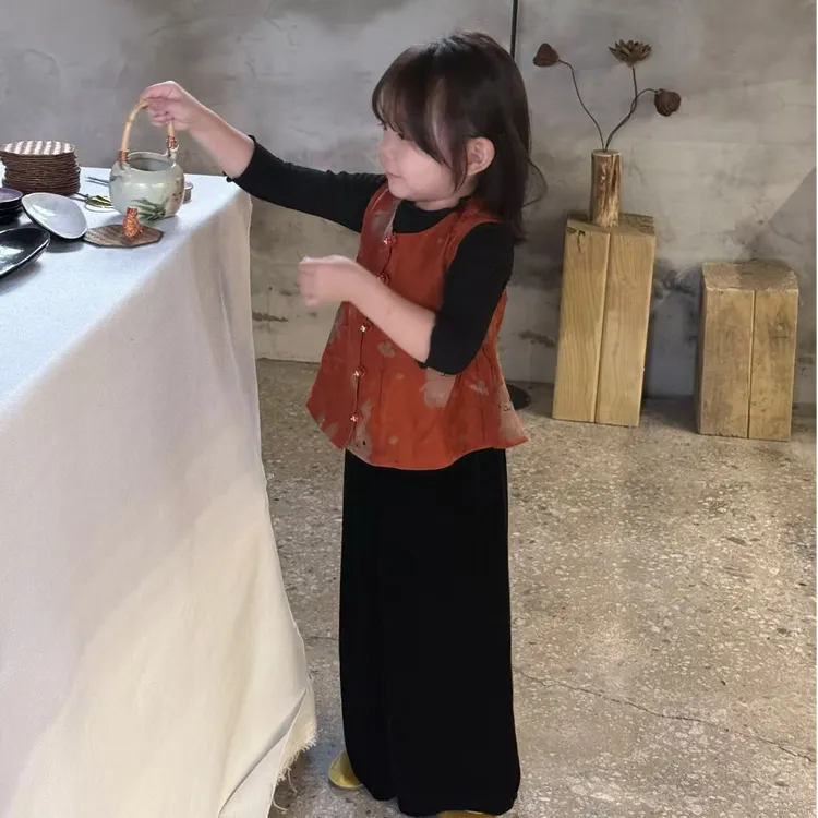 壹妈童装女童秋冬新中式套装儿童中国风唐装背心马甲上衣黑色裤子