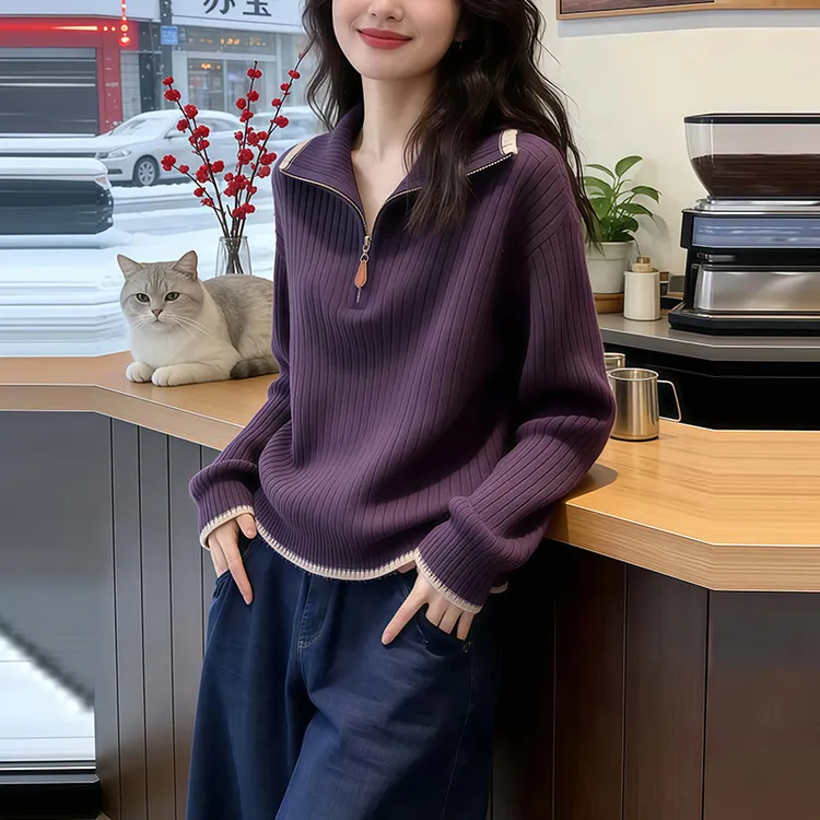 2026春冬新款时尚洋气翻领半拉链针织衫女长袖宽松显瘦慵懒风毛衣商品图