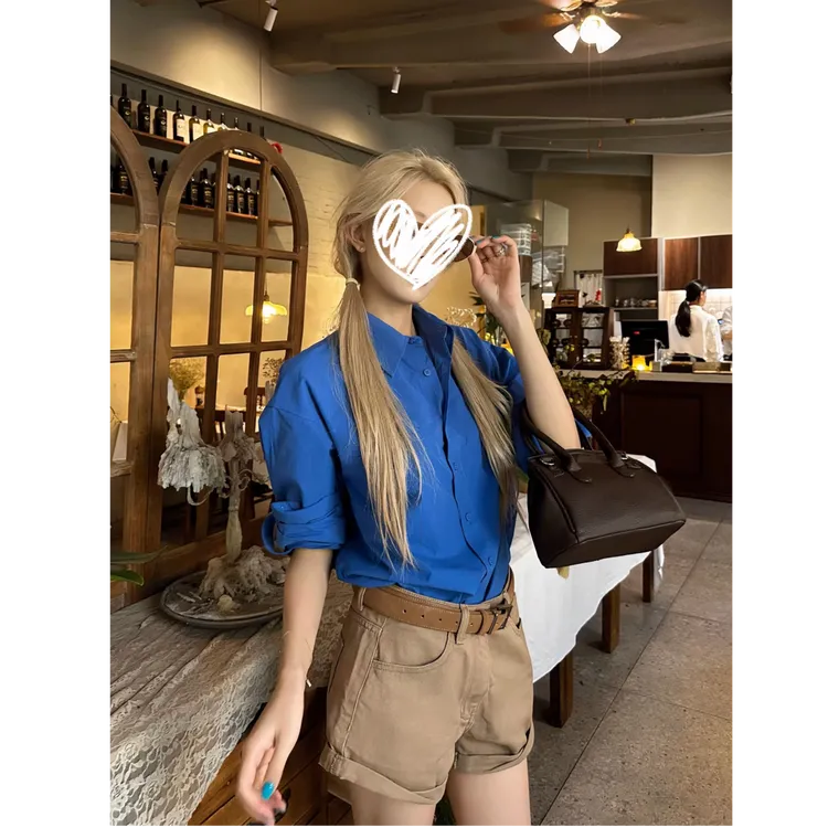 蓝色长袖衬衫女韩系春秋衬衣设计感上衣短裤套装 5558
