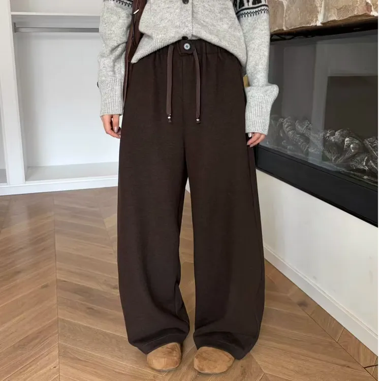 一粒扣 松紧腰抽绳休闲裤保暖显瘦微弯刀裤拖地立体剪裁垂感长裤