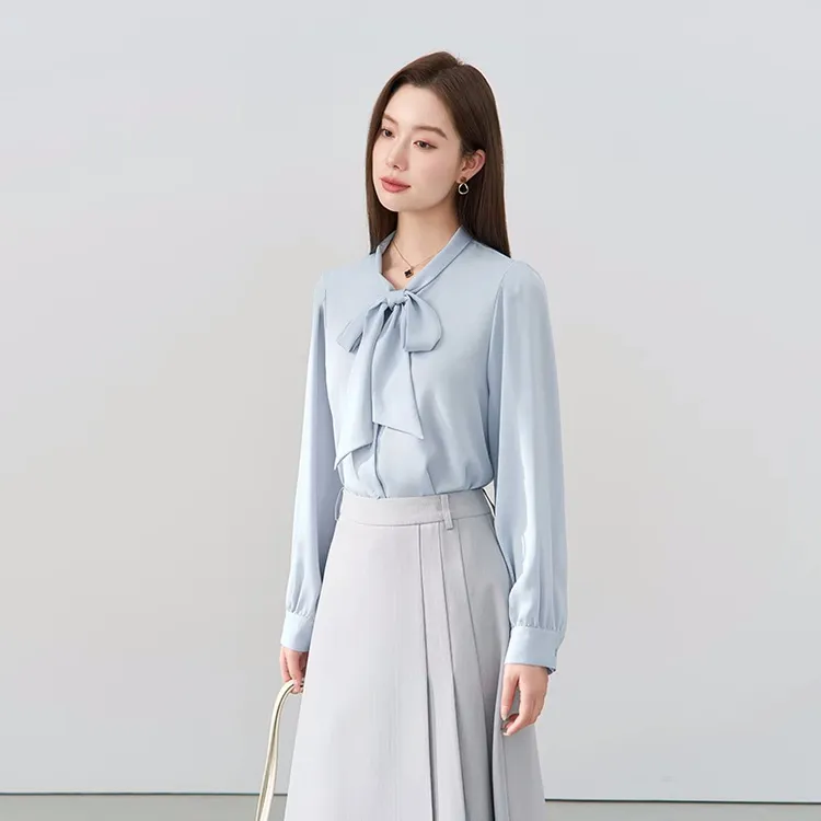 温婉风蓝色雪纺蝴蝶结衬衫女秋装新款职业正装水手上衣面试衬衣