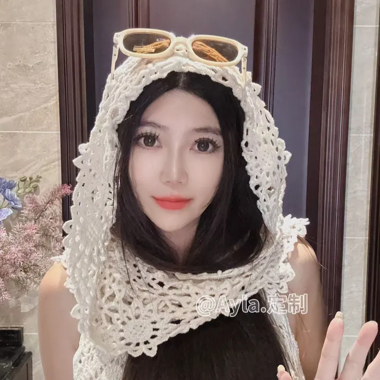 加大版夏季新款镂空花朵优雅围巾一体薄款手工钩花针织镂空包头帽
