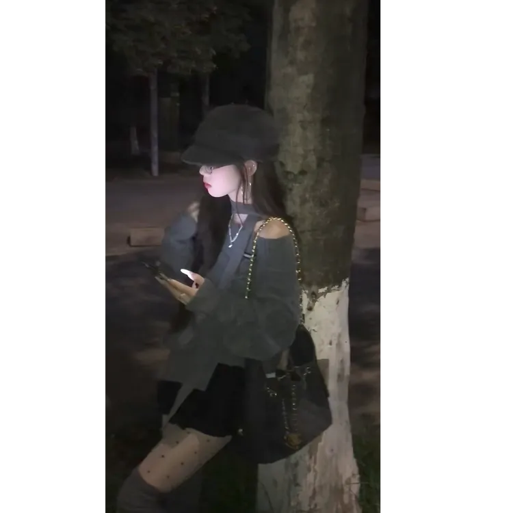 一字肩蝴蝶结麻花纹毛衣绑带露肩针织衫慵懒秋季显瘦短裙两件套装