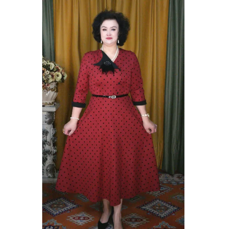 波点连衣裙显瘦气质长袖时尚复古红色法式秋季
