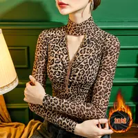 XS#【常规/加绒】性感豹纹V领T恤女长袖秋冬季钉珠打底衫DY-DF398H