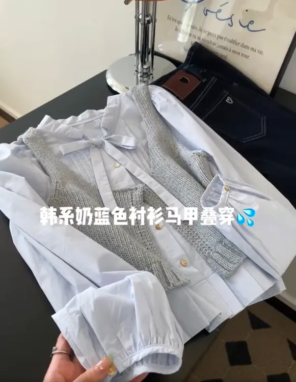 巨好看的两件套早秋蝴蝶结系带衬衫针织背心女大方得体休闲上衣