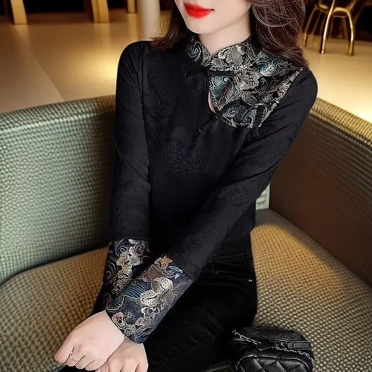 国风中式刺绣盘扣T恤女2025新款气质洋气上衣显瘦立领打底衫