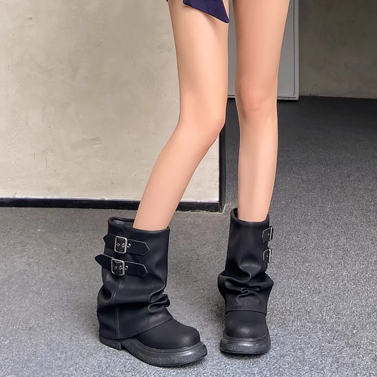 2025新款秋冬马丁靴女美拉德厚底增高短筒机车松弛感皱褶堆堆靴子